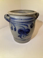 Antique German Hand Painted Cobalt Blue Salt Glaze Stoneware Crock No 3