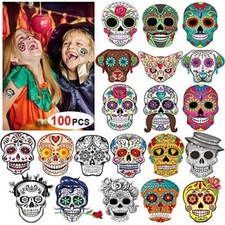 Day Of The Dead Sugar Skull Tattoos, Halloween Temporary Face Tattoos,100Count