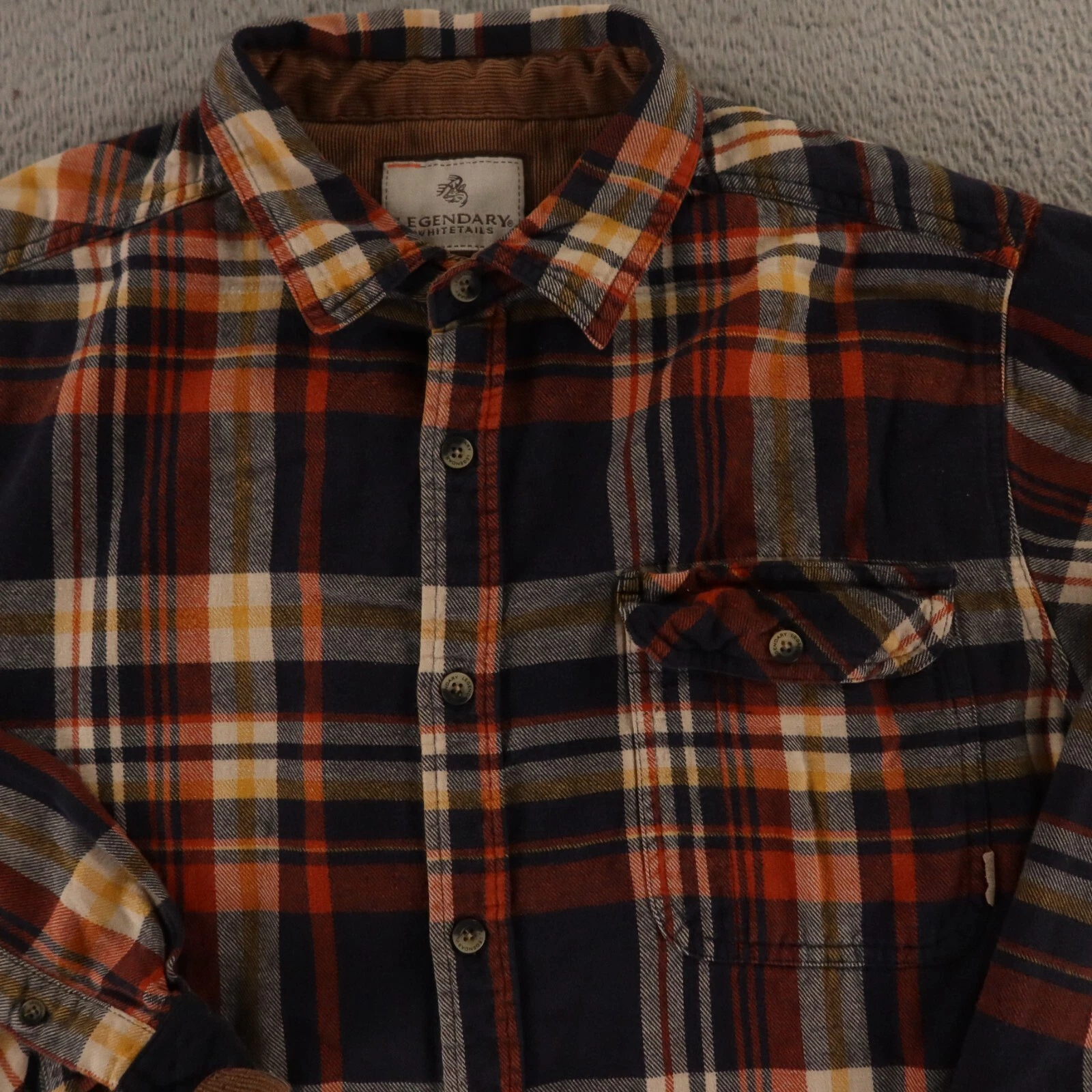 Legendary Whitetails Shirt Mens L Brown Check Cotton Flannel Twill Flip Cuffs