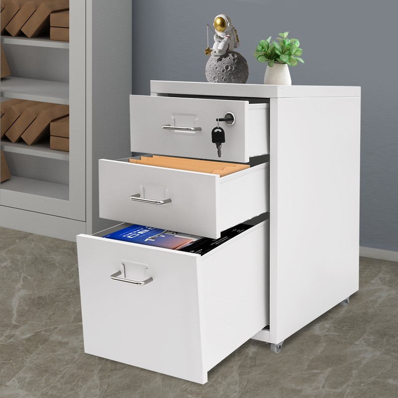 Vertical File Cabinet, Metal Mobile File Cabinet with Lock Filing Cabinet 3-Tier