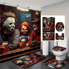 Horror Characters Bathroom Decor Set – Chucky Freddy Myers Shower Curtain & Mats