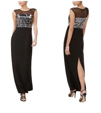 Vince Camuto BLACK SILVER Sequin Mesh Bodice EVENING Maxi DRESS Column GOWN 2