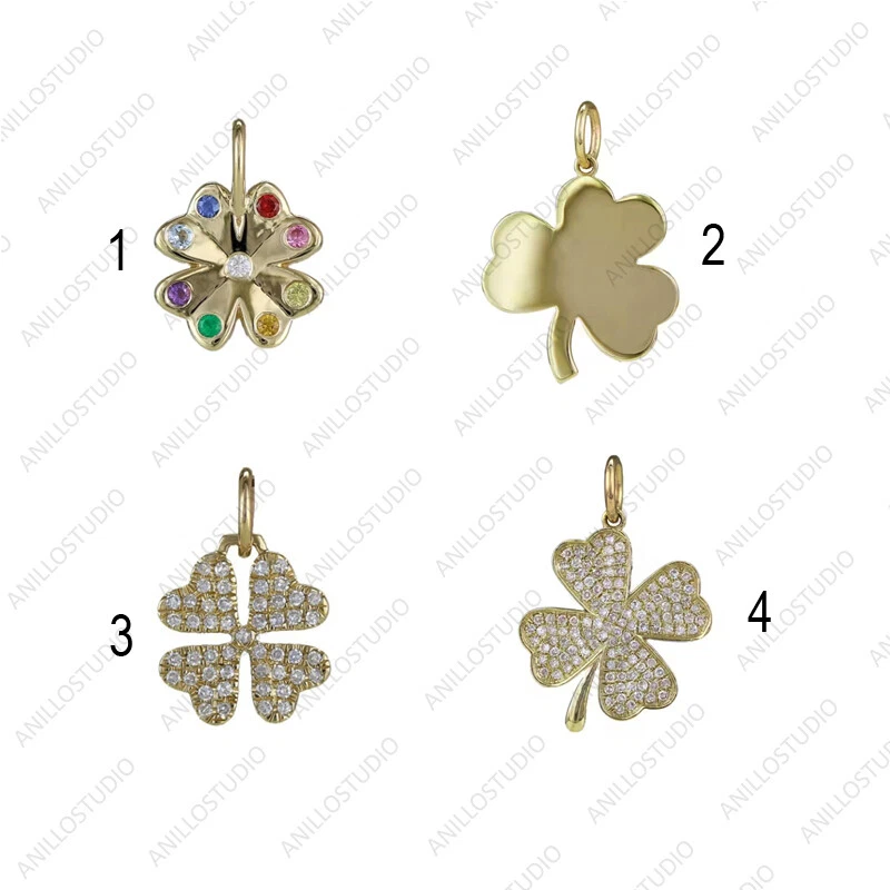 Collar colgante de trébol de oro liso y diamantes pavé, joyería de oro amarillo macizo de 14 k Foto 2 de 4