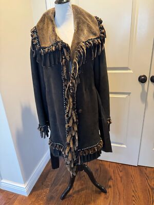 Sinclair Charcoal Gray Suede Shearling Coat Fringes SZ IT 44/US 10 EUC