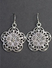 Floral Design Charm Earrings .925 sterling silver hooks pewter charms 1 1/2"
