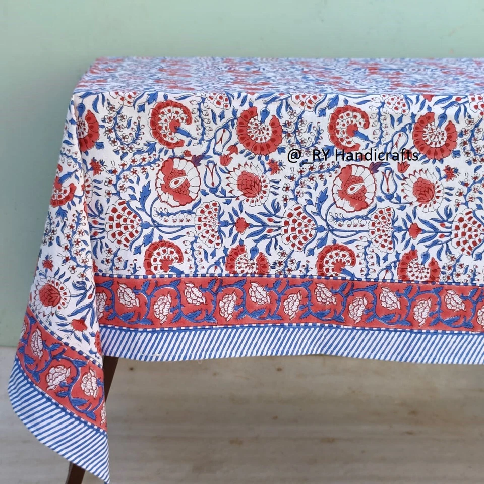 Pink & Blue Indian hand Block Print tablecloth Floral Cotton Custom Table cover - Image 2 of 4