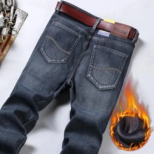 Men's Fleece Jeans Business Fashion Loose Casual Stretch Pants Male Warm Trouser