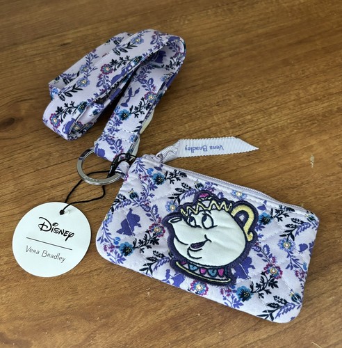NWT Vera Bradley Zip ID Case Wide Lanyard Disney Belle Floral Cameos Mrs Potts