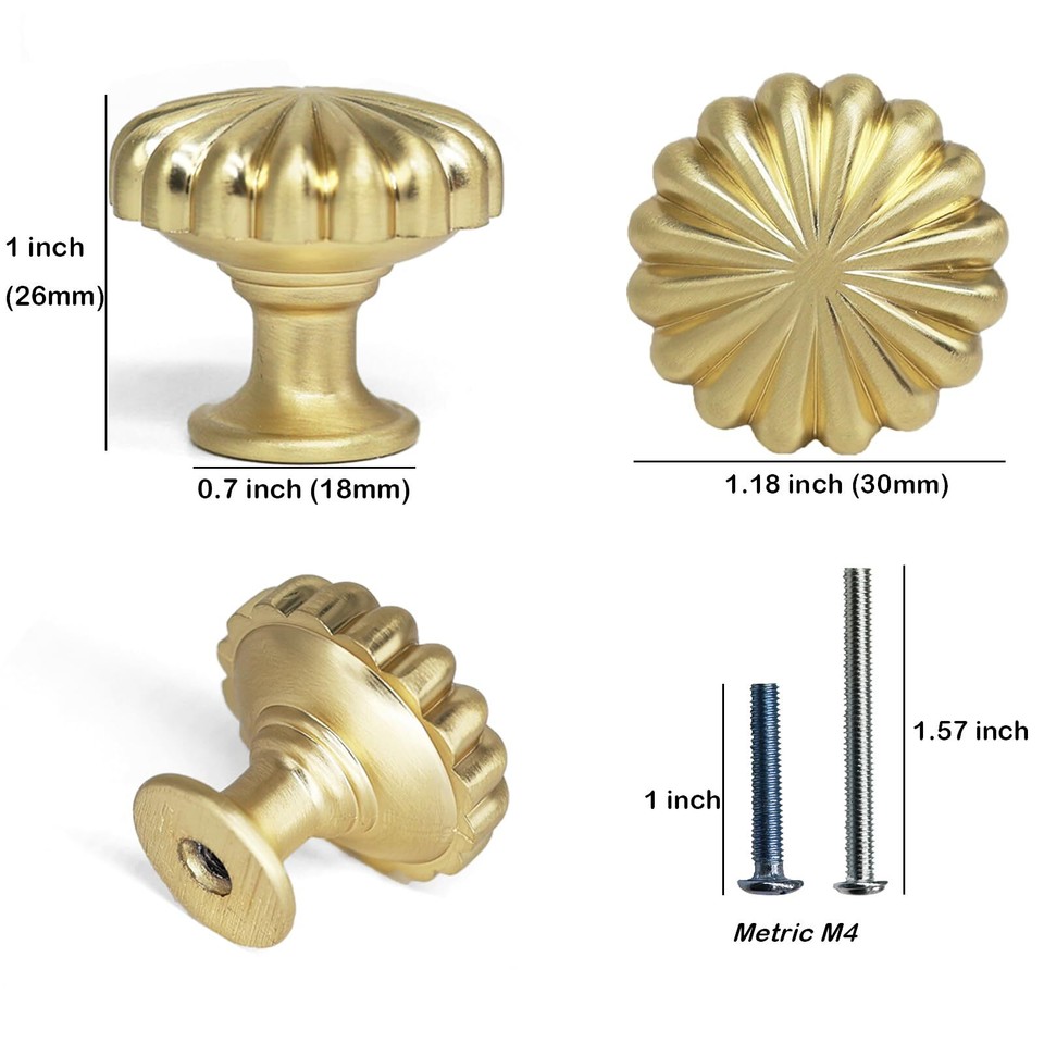 4 Pack Brushed Brass Knobs Pulls Vintage Cupboard Dresser Knob