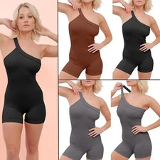 Women Seamless One-Shoulder Shapewear Ribbed Bodycon Jumpsuit Tummy Control