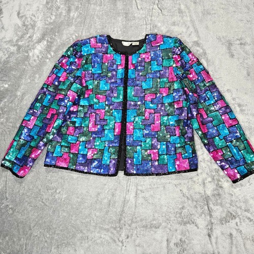 Vintage Laurence Kazar Blazer Womens XL Colorful Iridescent Sequin Beaded Jacket - Picture 2 of 14
