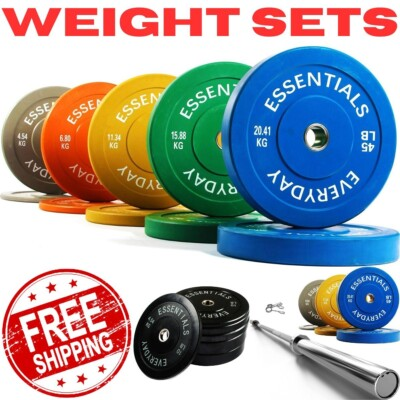 #ad Olympic Bumper Plate Weight Set 10 470 Lb Plate Steel Hub Black Colored Home Gym $612.85