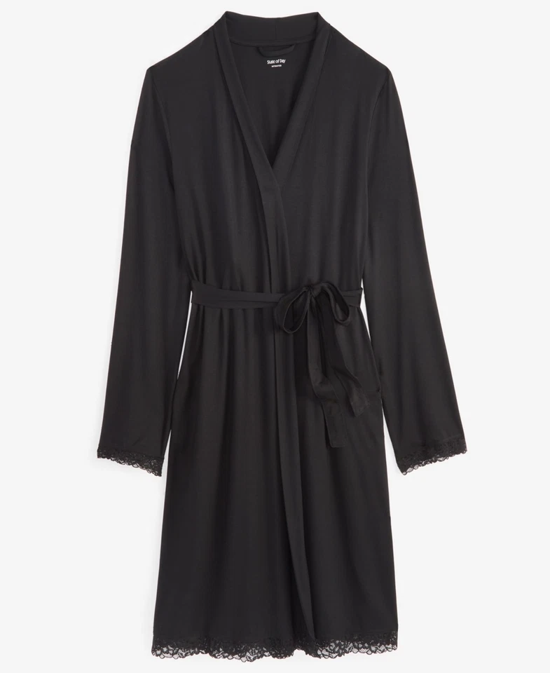 State of Day кружевной отделки вязаный надежном халат женщин S глубокий черный подпоясанный длинным рукавом - Изображение 2 из 4