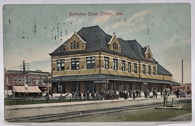 Burlington Depot Creston Iowa 1909 Postcard 5.5x3.5'' Railroad Colorized Photo
