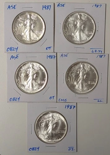 5X 1987 American Silver Eagle GEM BU - Lot of 5 Coins - A584