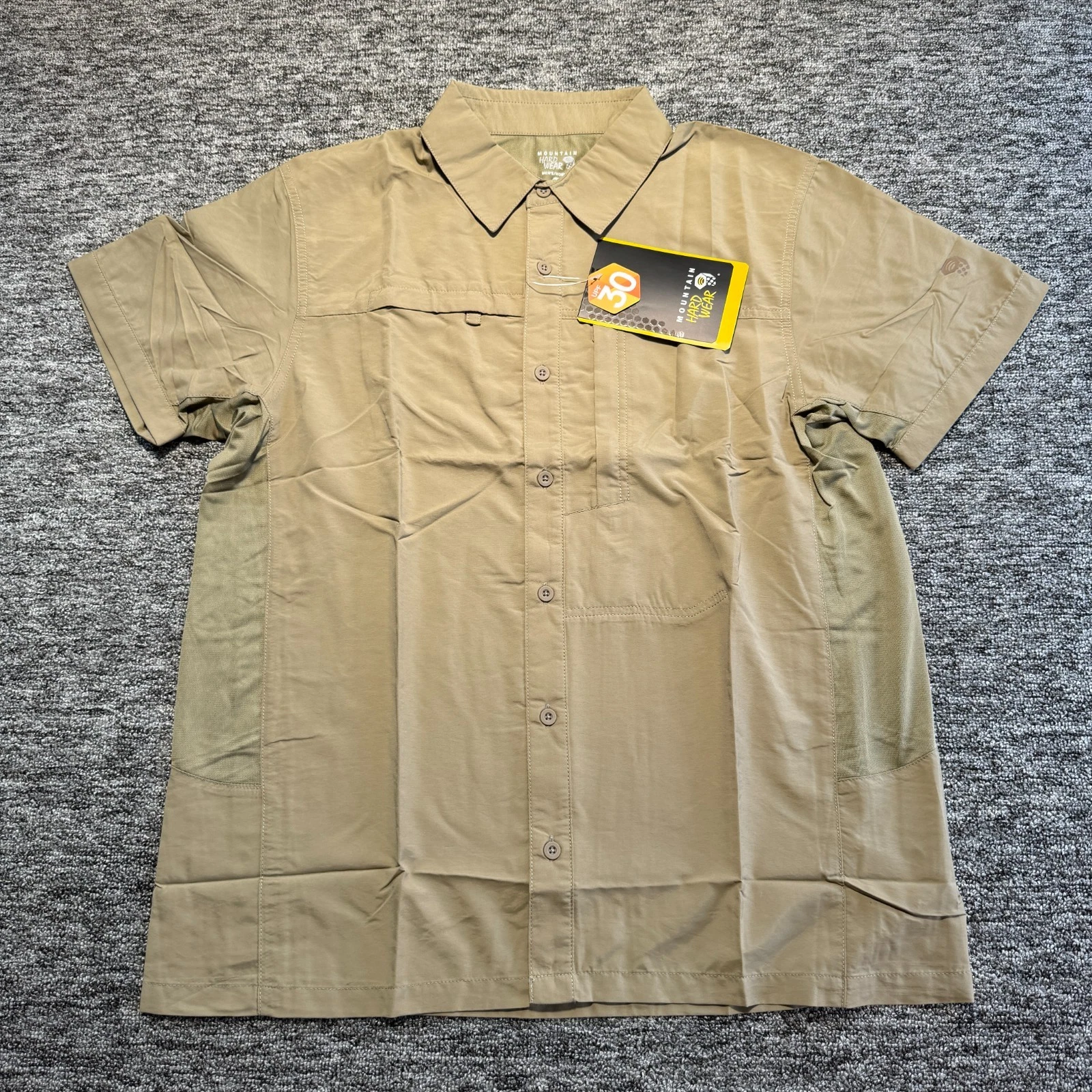 Mountain Hardwear Shirt Mens Medium Beige Canyon Short Sleeve Quick Dry Hiking
