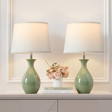 Table Lamp Set of 2, Modern Ceramic Bedside Lamps for Night Stands, Sage Green