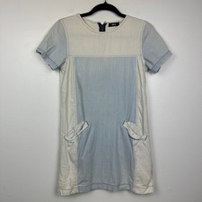 BDG Womens Round Neck Pockets Light Chambray Cream/Blue Zip T-Shirt Dress Small 
