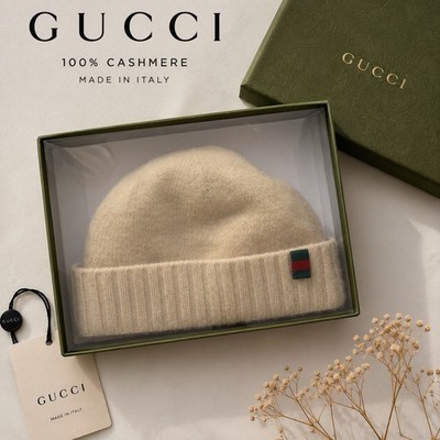 GUCCI 100% Cashmere Beanie Hat Cream Ivory Made in Italy Unisex Size L EUC