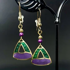 Vintage BEREBI Gold Tone Purple Green Enamel Triangles Dangle Earrings 1.75”