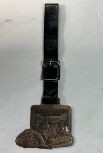 Caterpillar Agriculture Advertising Tag/Fob w/ Leather Strap, Black & Bronze