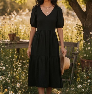 Nation LTD Geri Midi Dress M Black Tiered Puff Sleeve Cottage Minimalist