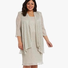R M Richards Womens Plus 18 Champagne Metallic 2 Piece Dress and Jacket Set NEW