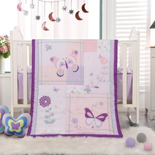 Crib Bedding Set for Girls, 3 Pieces Floral Butterfly Bed Size, Purple