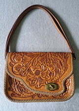 VTG Hand Tooled Tan Leather Saddle Adjustable Strap Handbag Western Purse 1970s