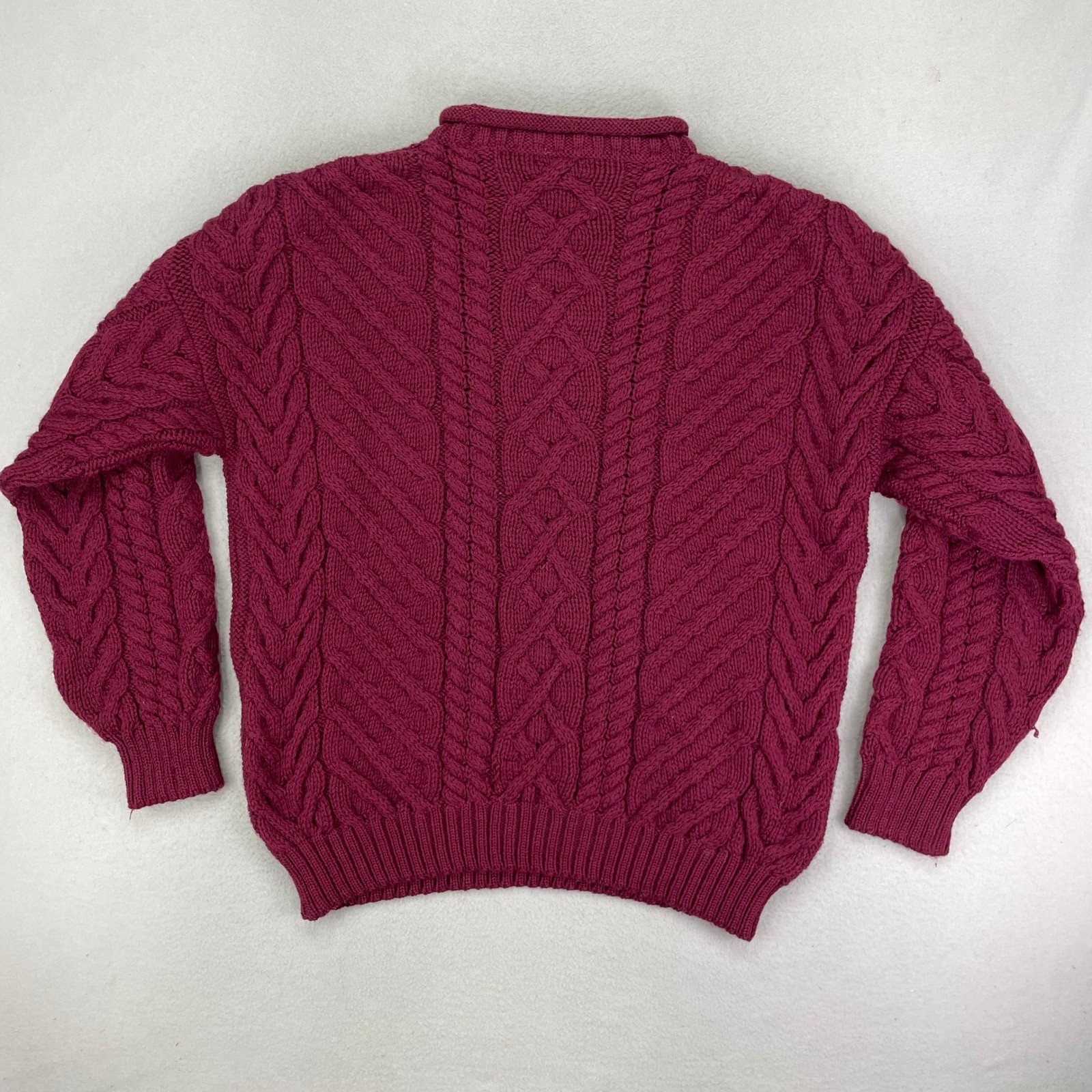 VTG Lands' End Sweater Mens M BERRY Wool Roll Collar Cableknit Fisherman England