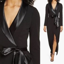 Eliza J Black Long Sleeve Satin Shawl Lapel Tuxedo Wrap Evening Formal Gown 2
