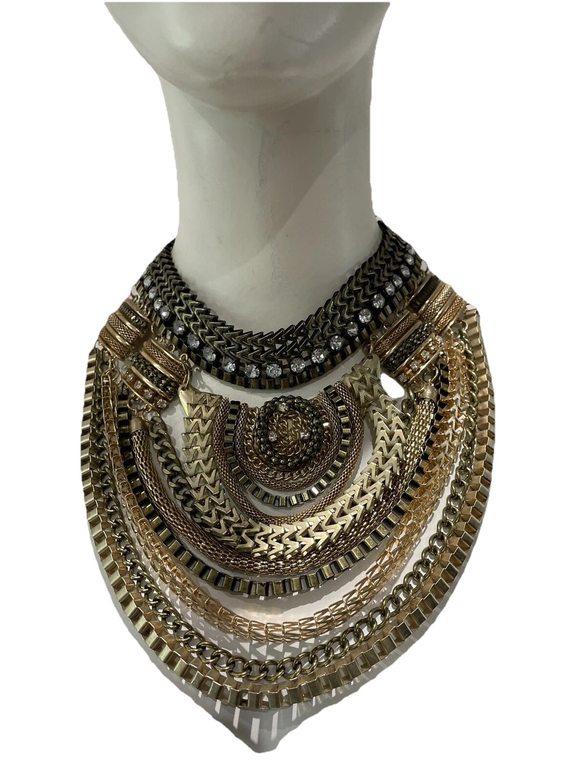 Collar Babero Grueso Tono Dorado Multi Cadena Cristal Gótico Festival