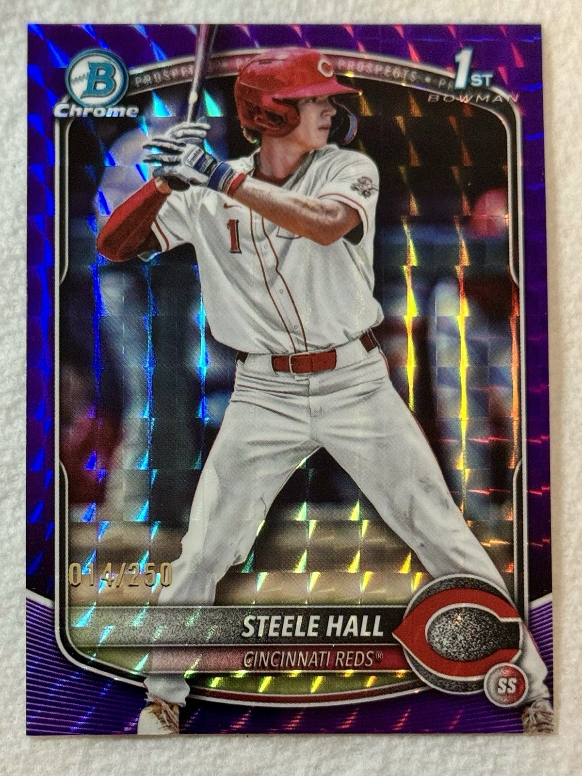 2025 Bowman Draft Steele Hall Chrome Purple Geometric Refractor 1st #/250 Reds