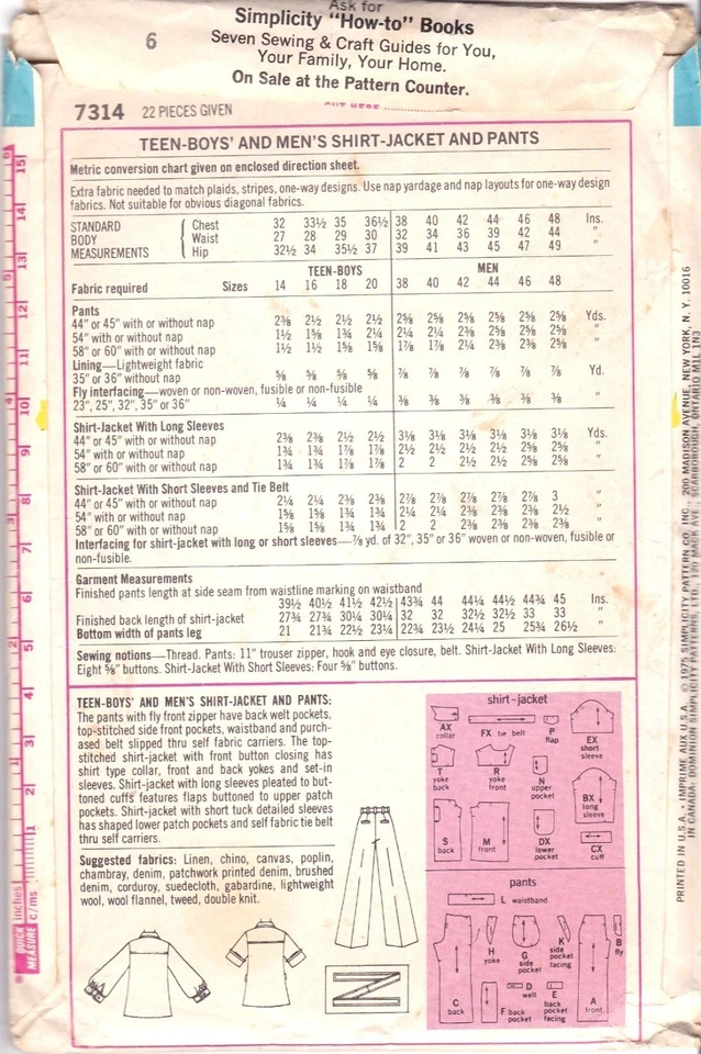 Vintage Sewing PATTERN Simplicity 7314, Teen Boys and Mens 1975 Shirt Jacket and - Image 2 of 2