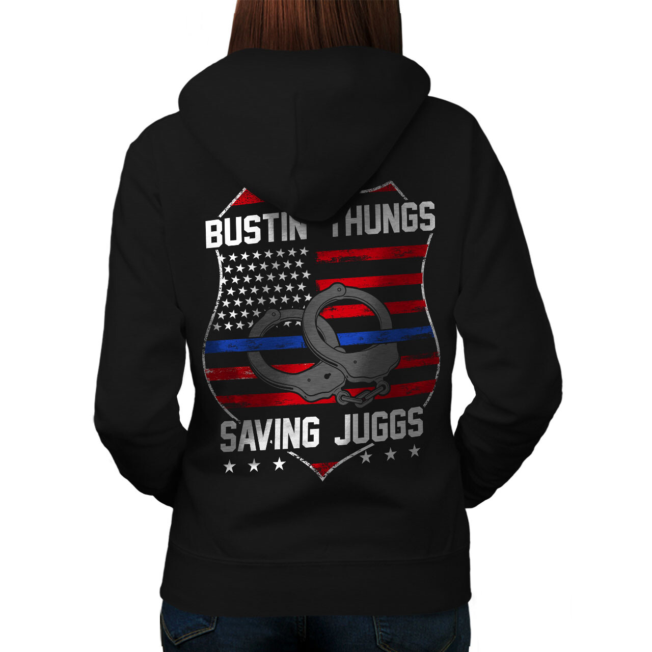 Wellcoda Police Armerican Flag Womens Hoodie Back