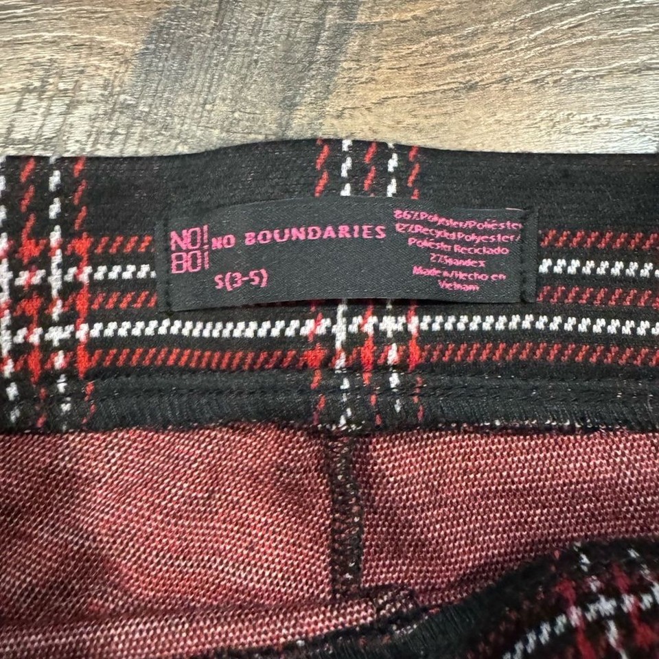 No Boundaries Pull On Knit Flared Stretch Pants Red Black Plaid Women's