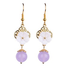 Purple Jade Flower Earrings Women Jadeite Jewelry 925 Silver Chalcedony Natural