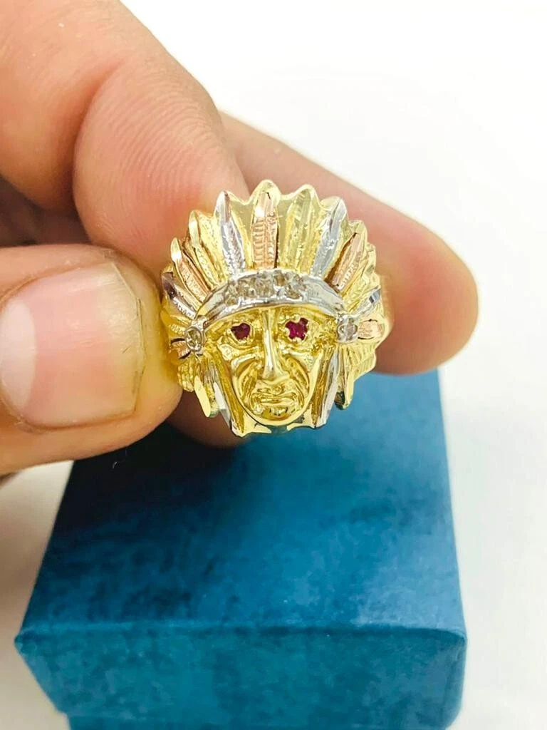 14K Tri Color Solid Gold Indian Chief Head Ring 10 For Mens CZ