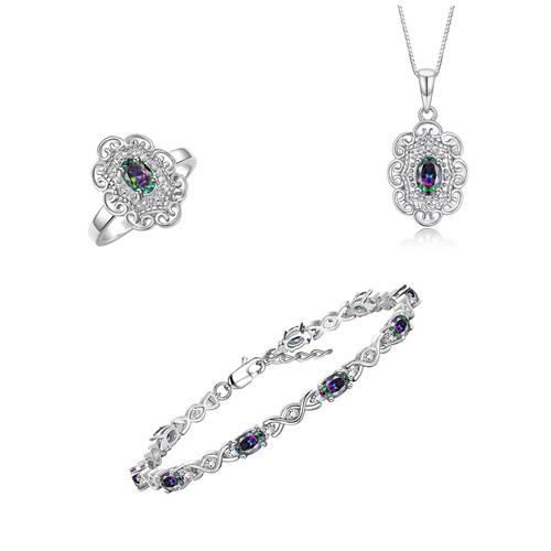 RYLOS 14K White Gold Princess Diana-Inspired Jewelry Set Ring & Necklace Match - Picture 7 of 35