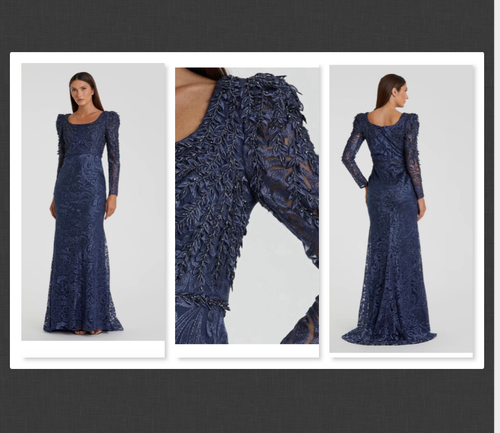 NWT $698 MAC DUGGAL Embroidered Applique Trumpet Gown Midnight Size 8 #B918