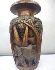 Vintage Wooden Hand Carved Vase Elephants Jungle Deep Relief Primitive Folk Art