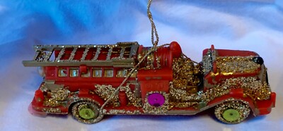 VINTAGE CHRISTMAS WANNATOY ORNAMENT FIRE TRUCK  WITH GLITTER - HANDMADE