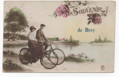 Antique  Souvenir Postcard, COUPLE ON BICYCLES / ROMANCE (de Bray)