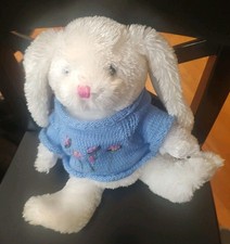 Dan Dee Collector's Choice White Easter Bunny Blue Sweater  Pink Embelli 12"