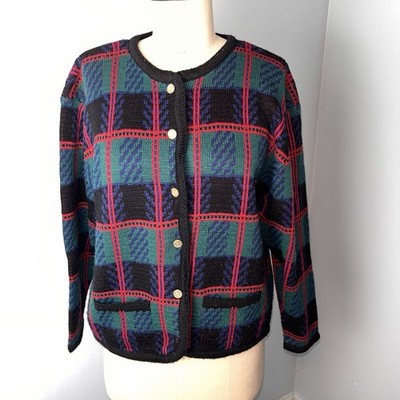 VTG 80S 90S TALLY-HO PLAID CARDIGAN BUTTON SWEATER WOMENS LARGE RED GREEN KNIT