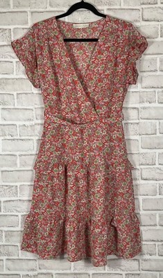 Monteau Los Angeles Dress Womens Sz M Salmon Floral Flare Tie Waist Short Sleeve