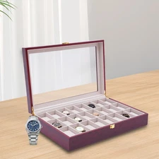 24 Slot Wooden Watch Box Display Case Glass Top Jewelry Storage Organizer + Lock