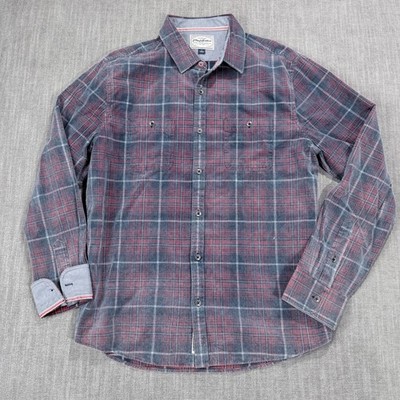 Flag & Anthem Mens Large Red Blue Plaid Corduroy Button Down Shirt Long Sleeve