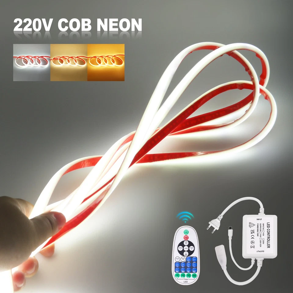 Dimmbar 230V Neon COB LED Stripe Streifen IP67 Band Lichterkette Selbstklebend - Bild 1 von 4