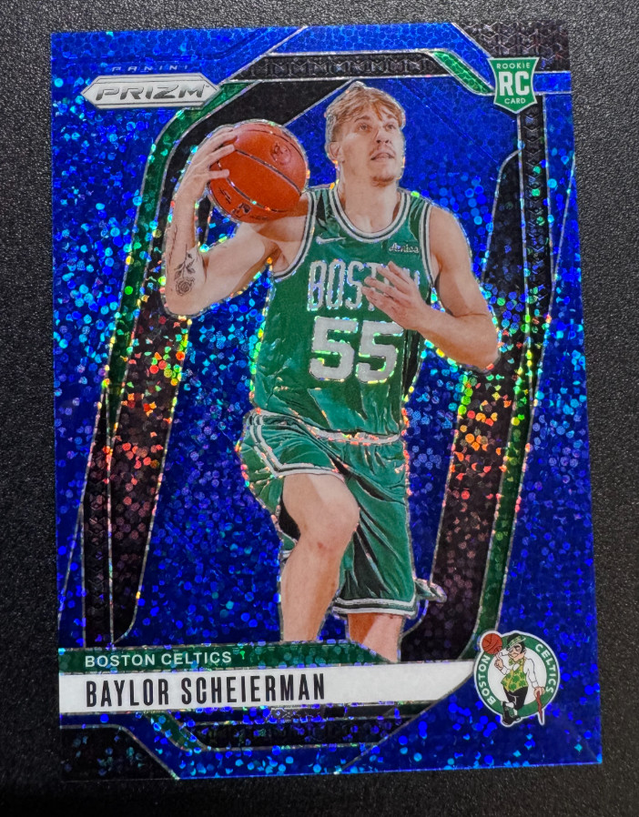 Baylor Scheierman 2024-25 Panini Prizm 009/144 Blue Sparkle RC Celtics #236